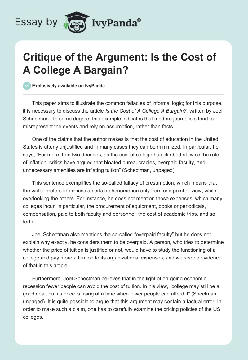 Critique of the Argument: Is the Cost of A College A Bargain?. Page 1