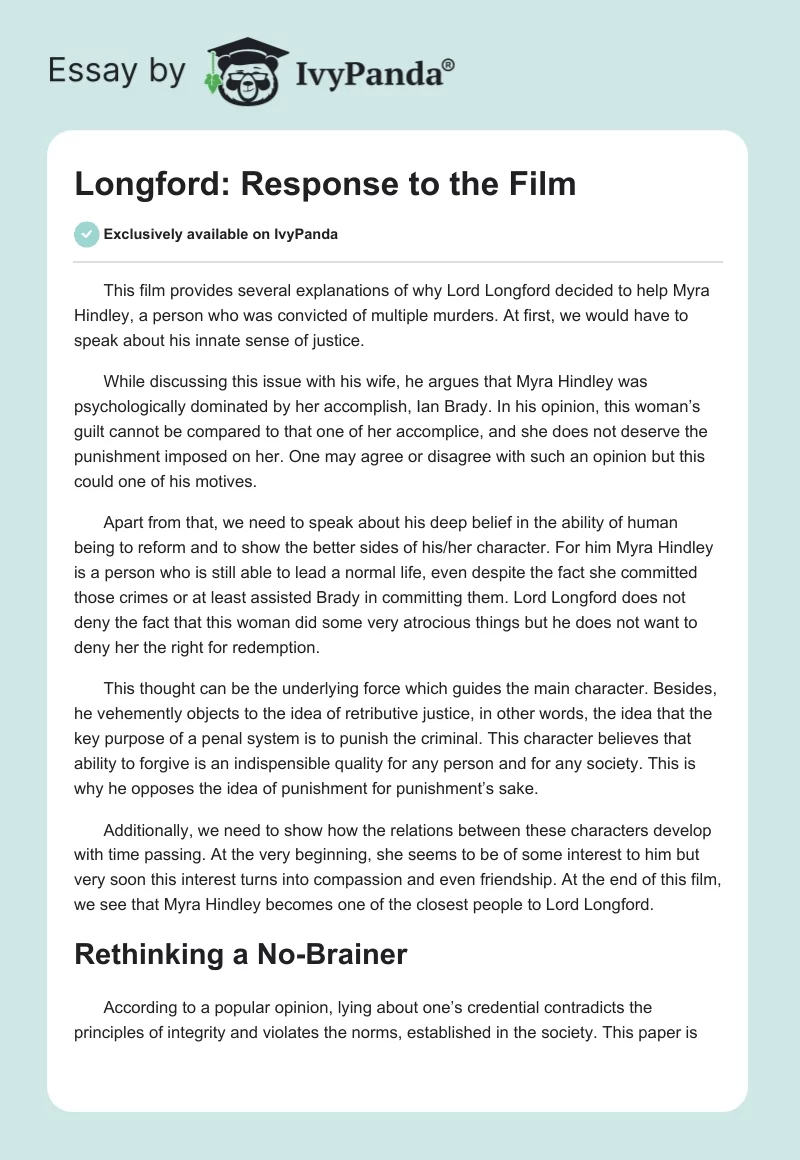 Longford: Response to the Film. Page 1