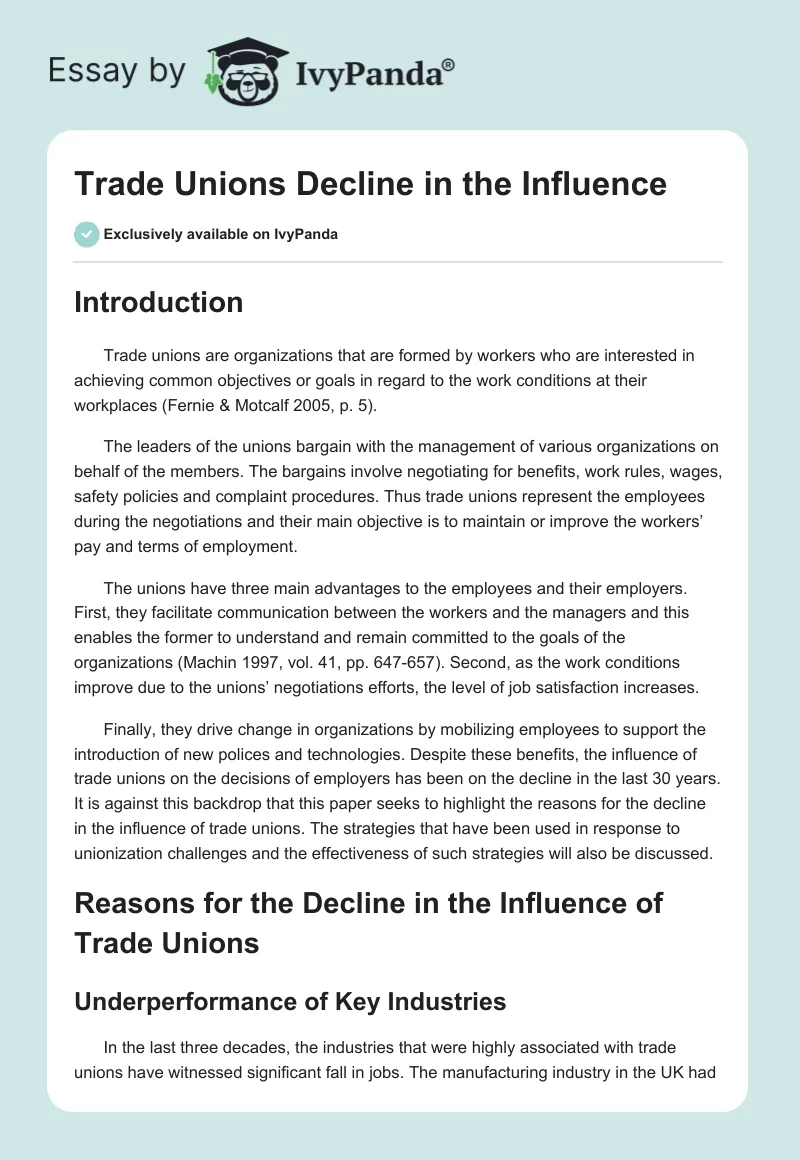 Trade Unions Decline in the Influence. Page 1