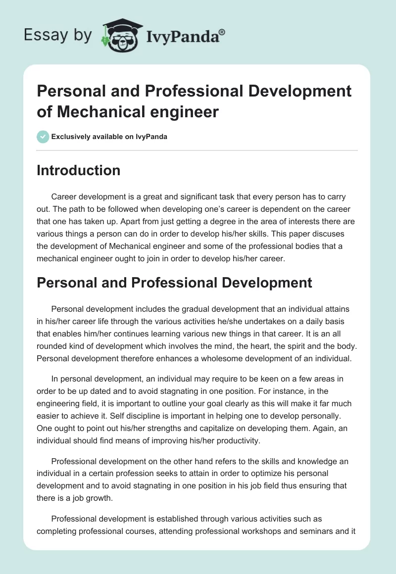 Personal and Professional Development of Mechanical Engineer. Page 1