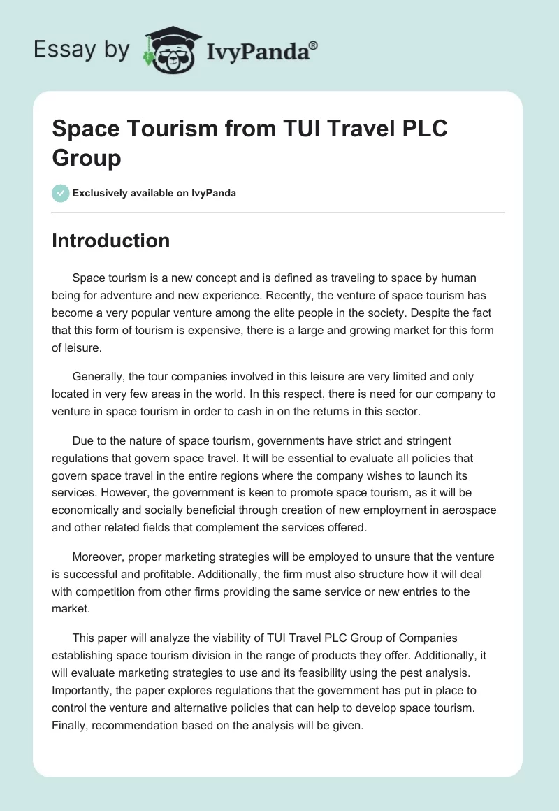 Space Tourism from TUI Travel PLC Group. Page 1