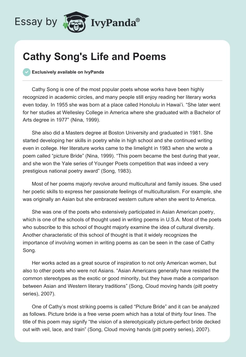 Cathy Song's Life and Poems. Page 1