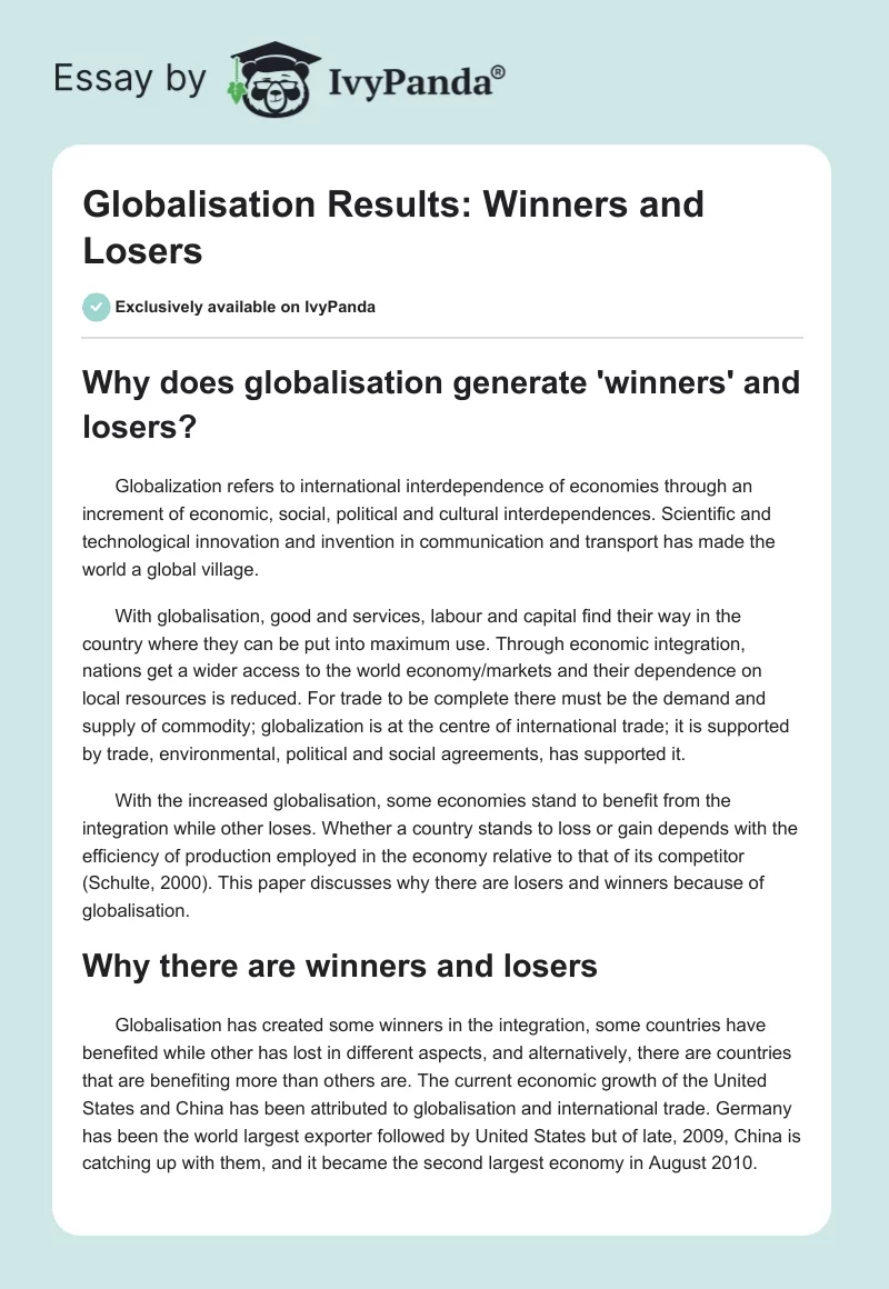 Globalisation Results: Winners and Losers. Page 1