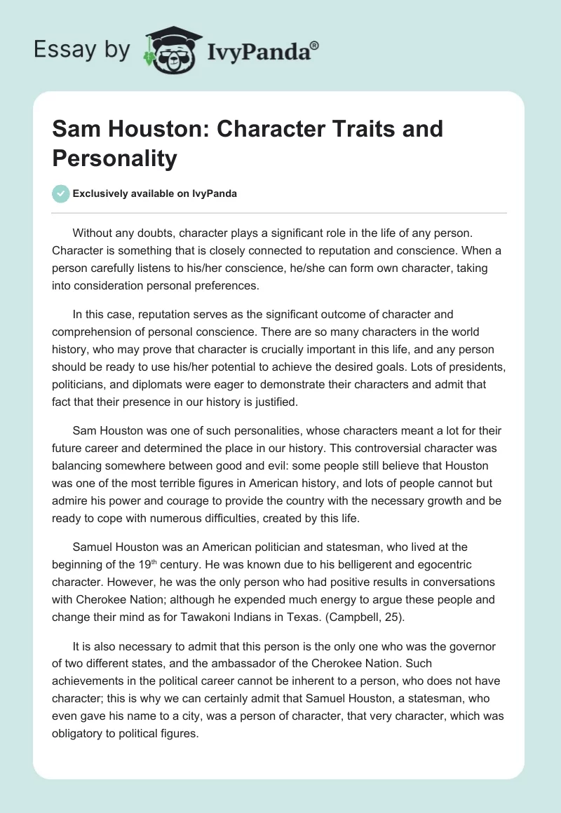 Sam Houston: Character Traits and Personality. Page 1