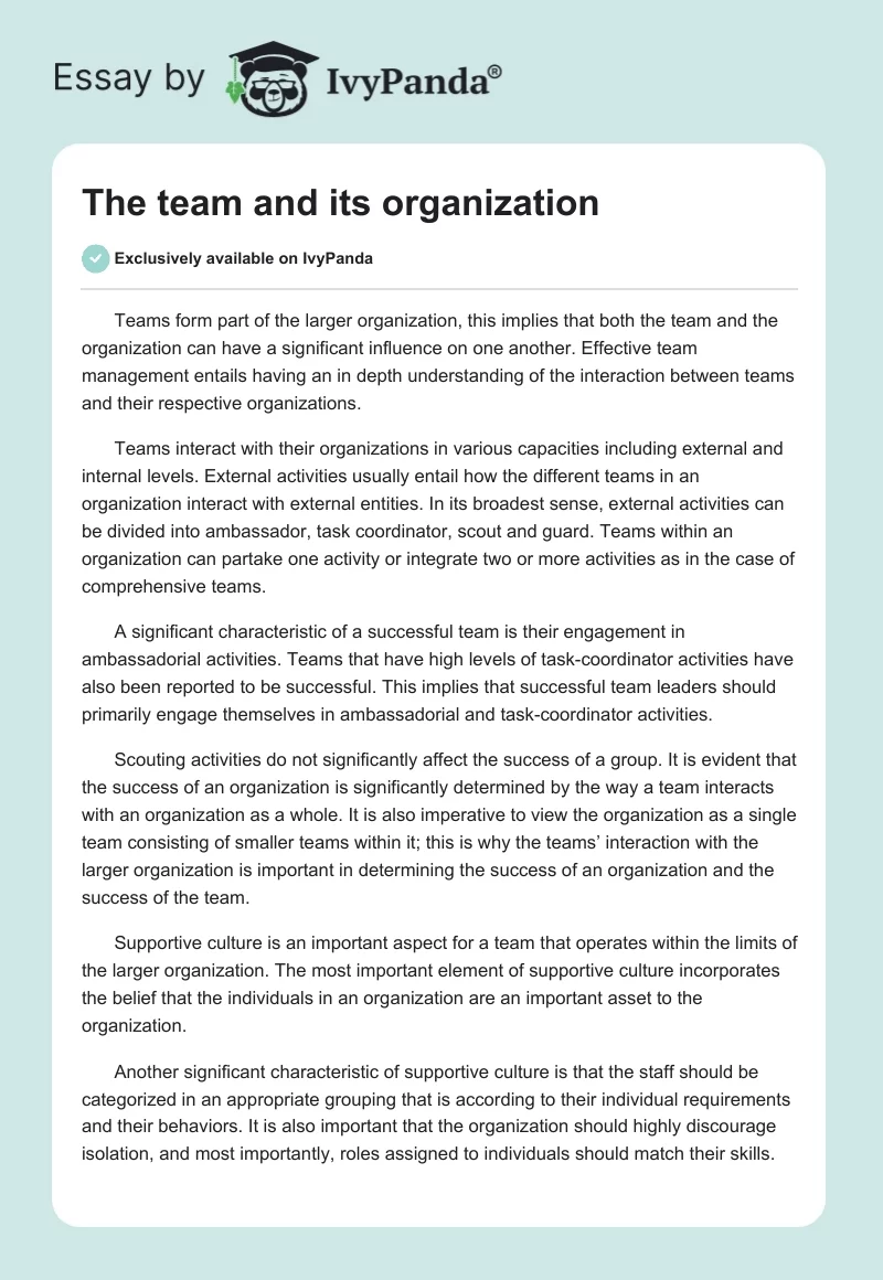 The team and its organization. Page 1