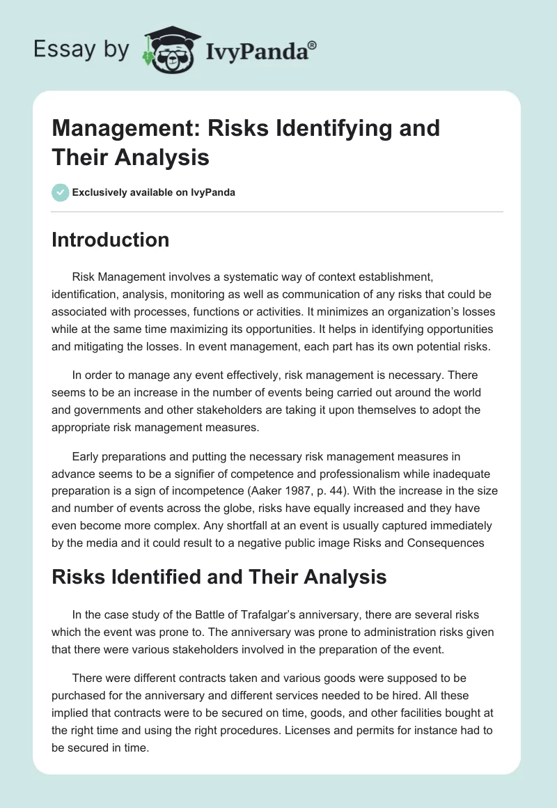 Management: Risks Identifying and Their Analysis. Page 1