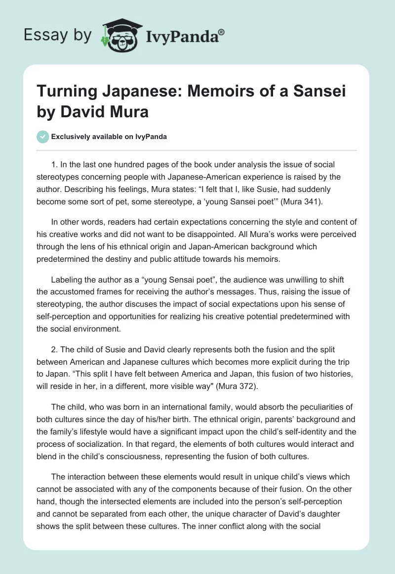 Turning Japanese: Memoirs of a Sansei by David Mura. Page 1