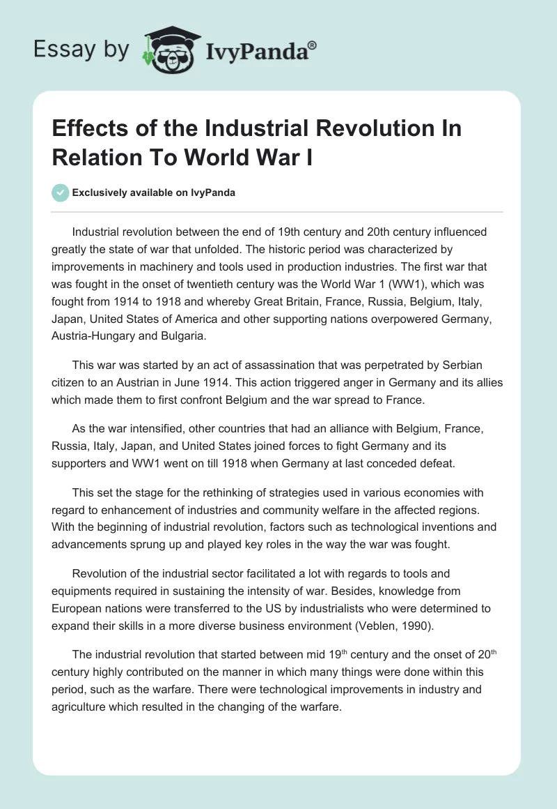 Effects of the Industrial Revolution in Relation to World War I. Page 1