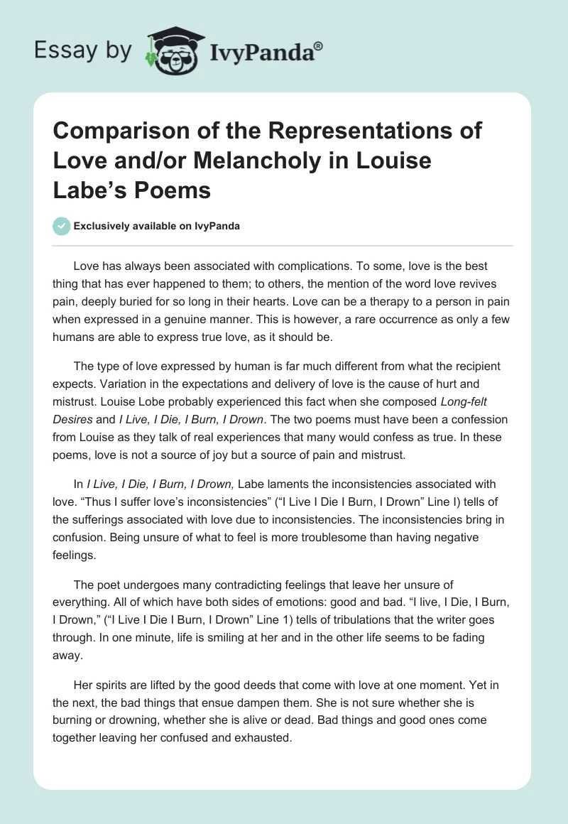 Comparison of the Representations of Love and/or Melancholy in Louise Labe’s Poems. Page 1