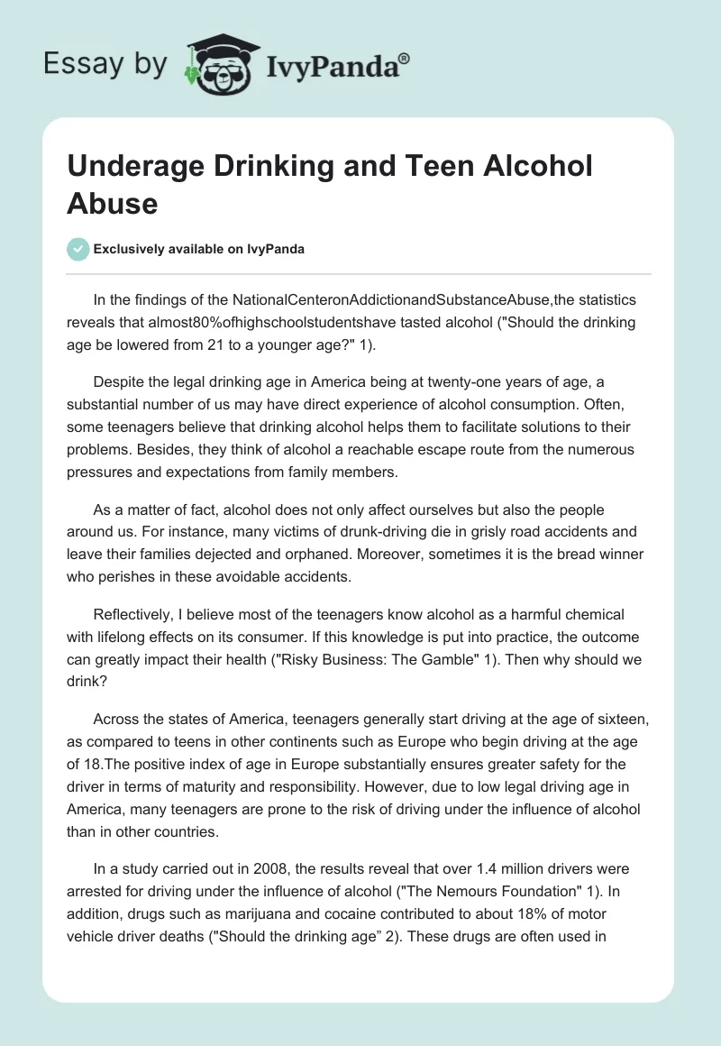 Underage Drinking and Teen Alcohol Abuse. Page 1