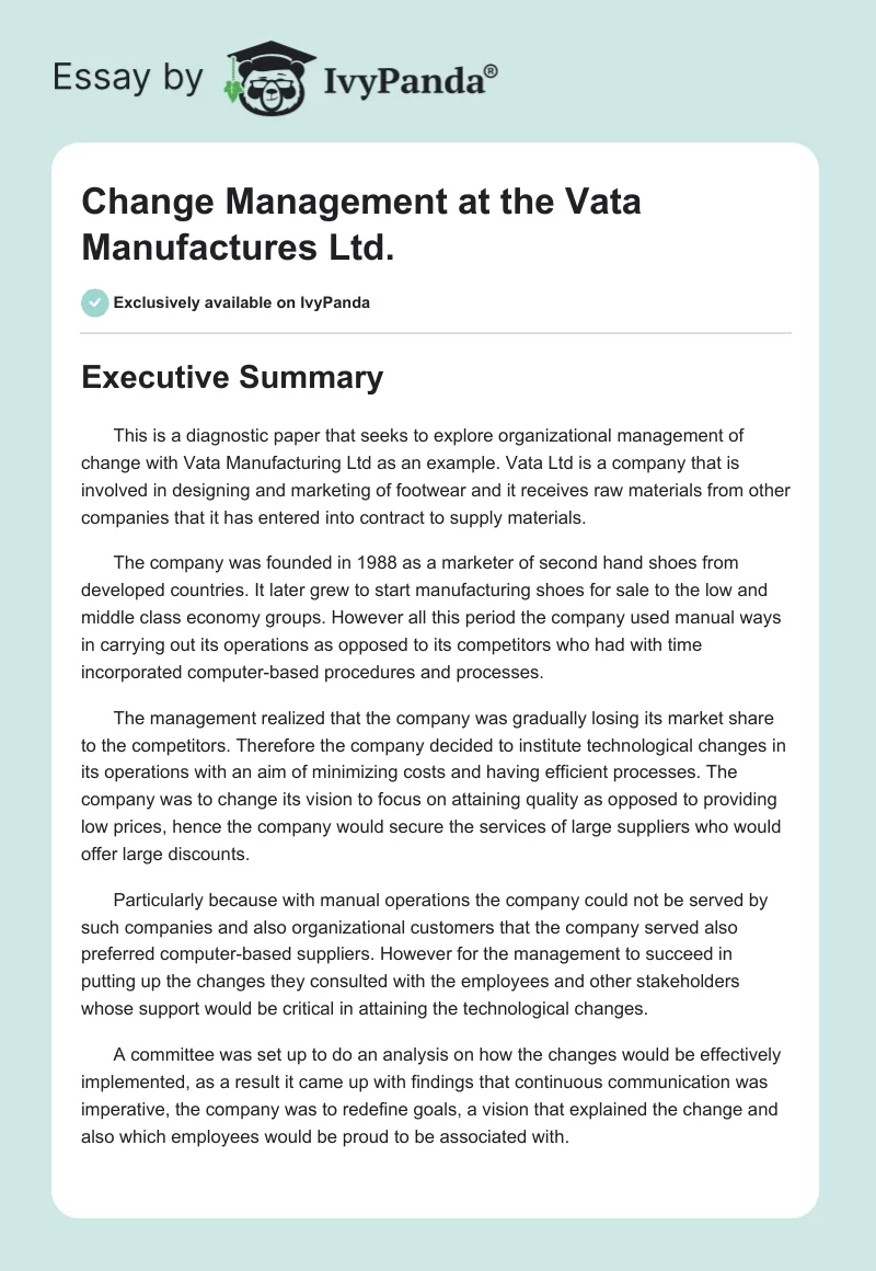 Change Management at the Vata Manufactures Ltd.. Page 1