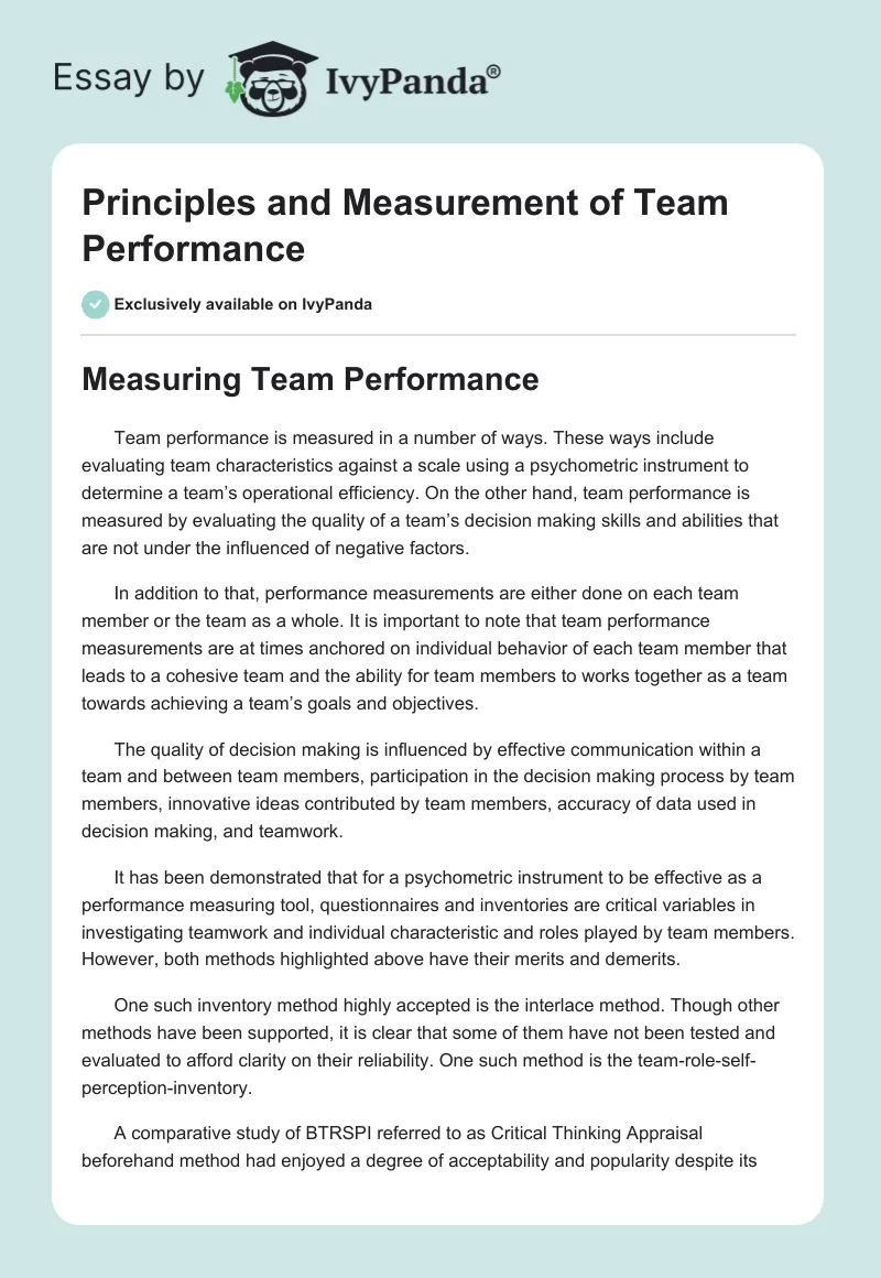 Principles and Measurement of Team Performance. Page 1