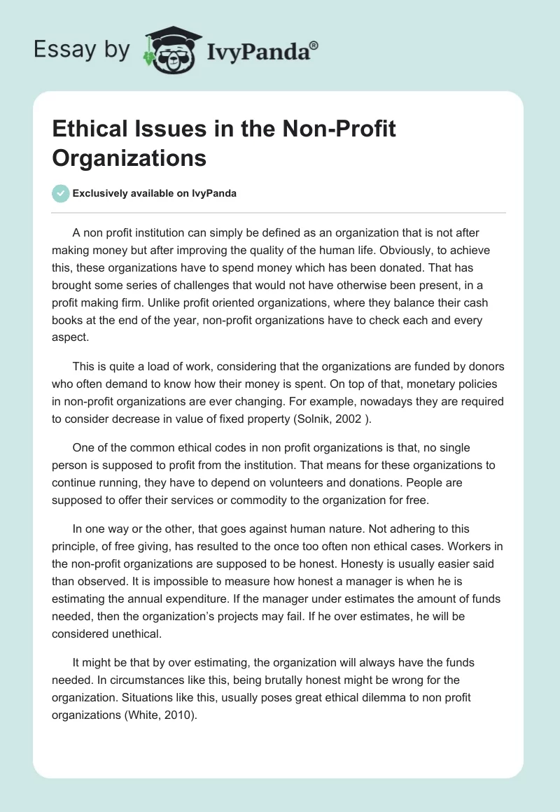 Ethical Issues in the Non-Profit Organizations. Page 1