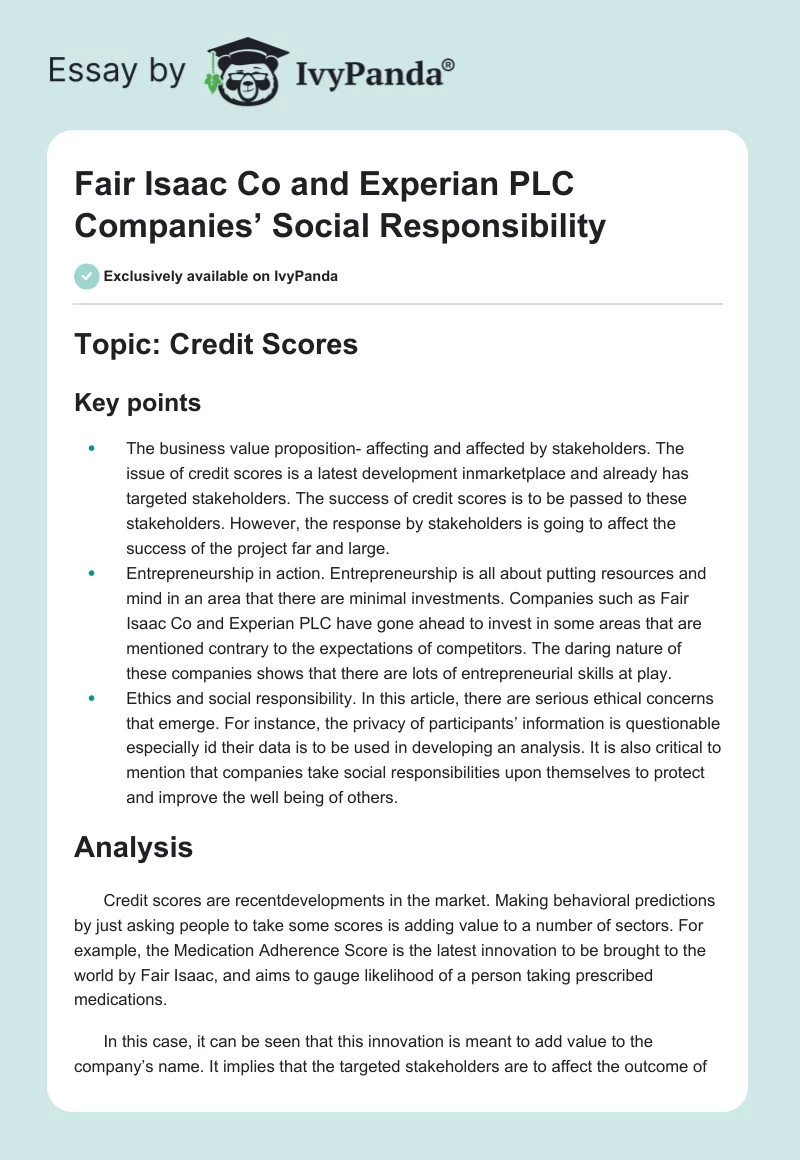 Fair Isaac Co and Experian PLC Companies’ Social Responsibility. Page 1