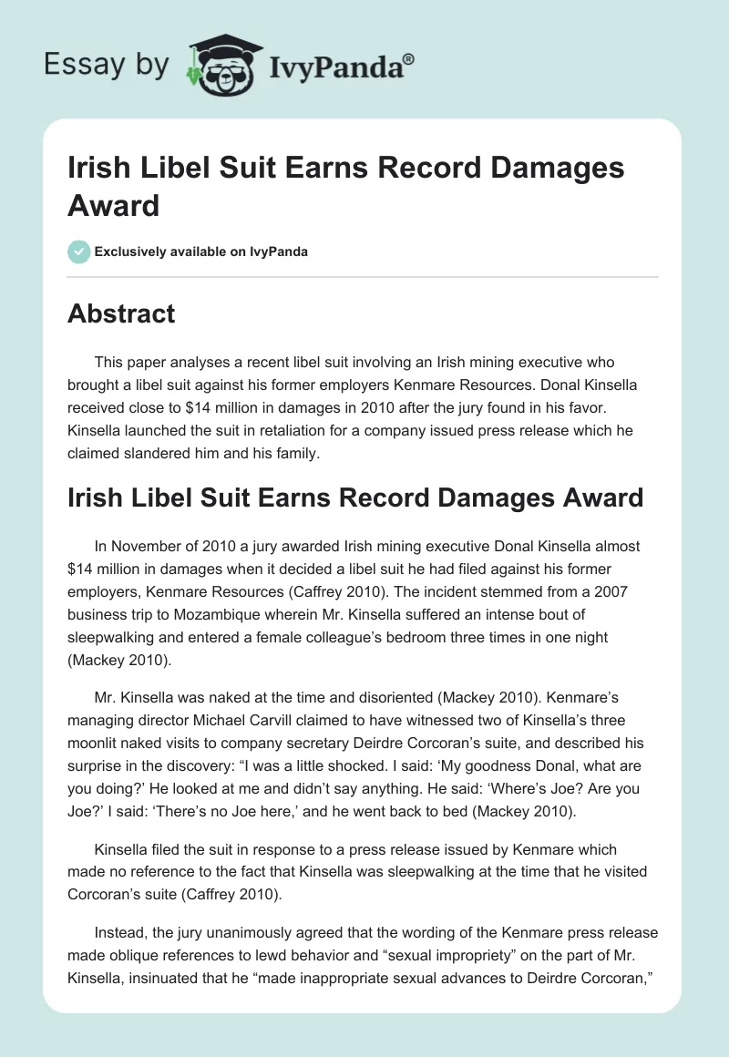 Irish Libel Suit Earns Record Damages Award. Page 1