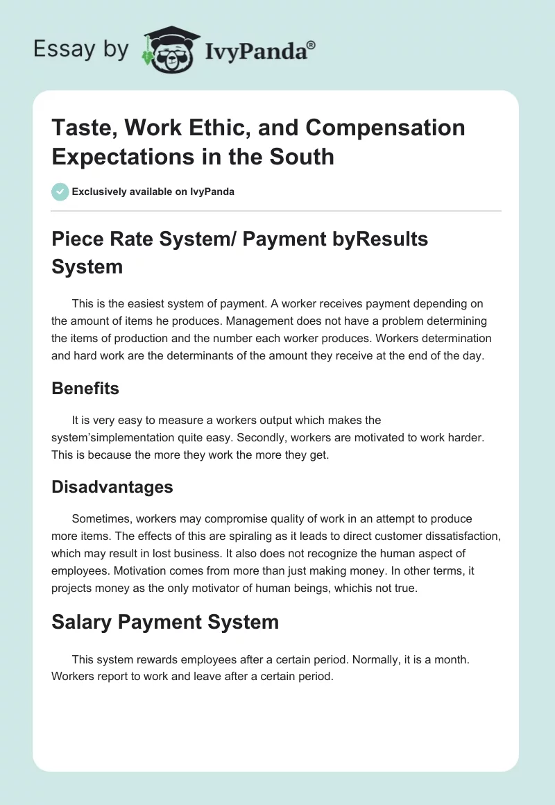 Taste, Work Ethic, and Compensation Expectations in the South. Page 1