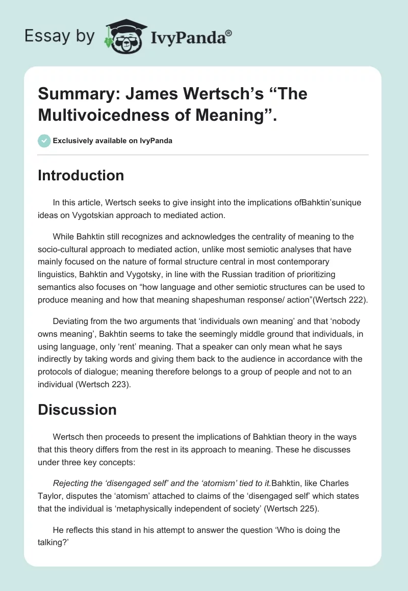 Summary: James Wertsch’s “The Multivoicedness of Meaning”.. Page 1