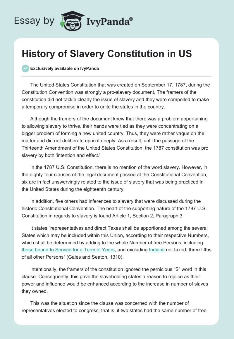 History of Slavery Constitution in US. Page 1