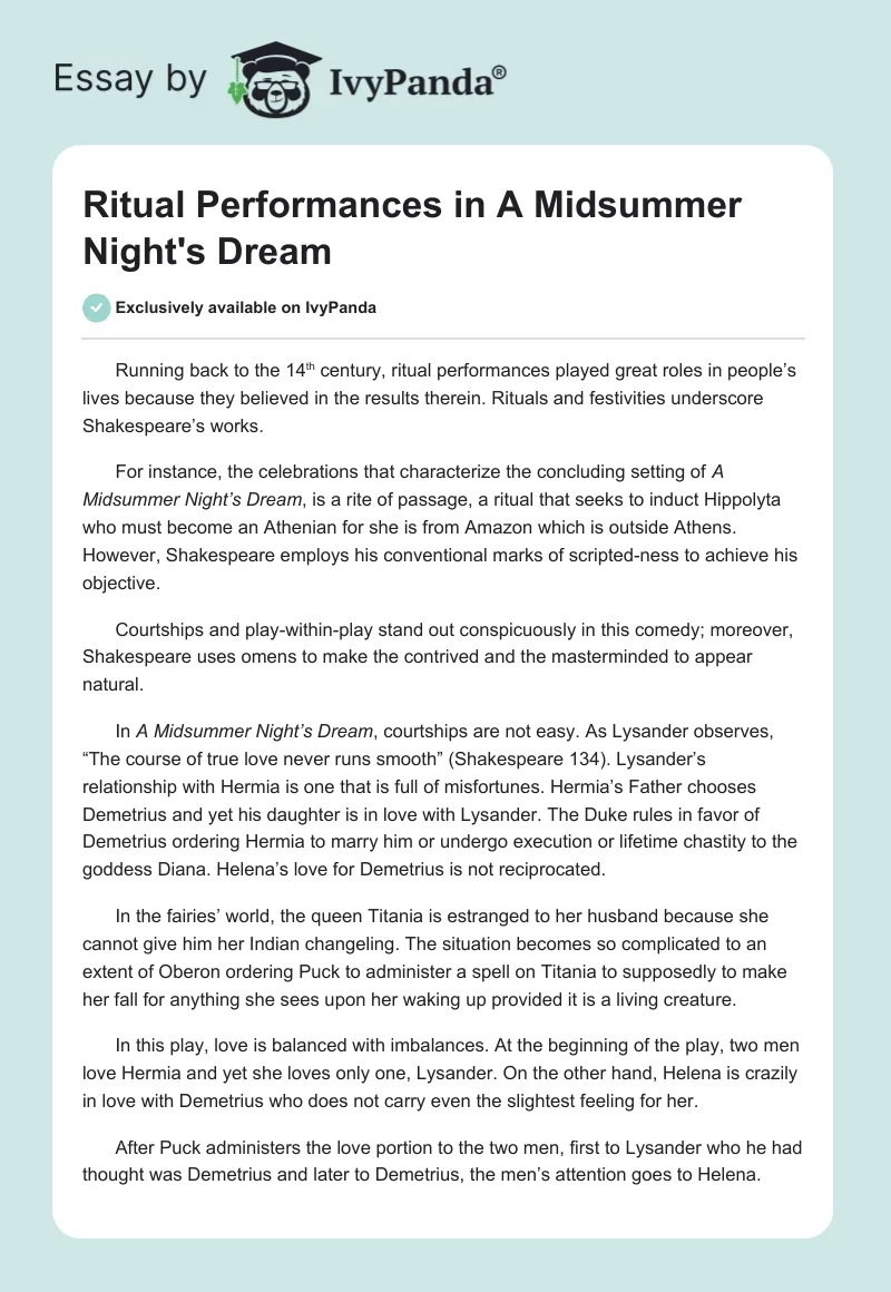 Ritual Performances in A Midsummer Night's Dream. Page 1