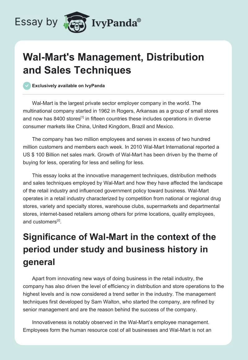 Wal-Mart's Management, Distribution and Sales Techniques. Page 1