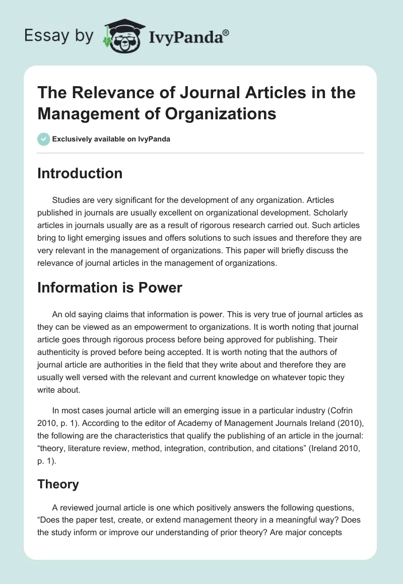 The Relevance of Journal Articles in the Management of Organizations. Page 1