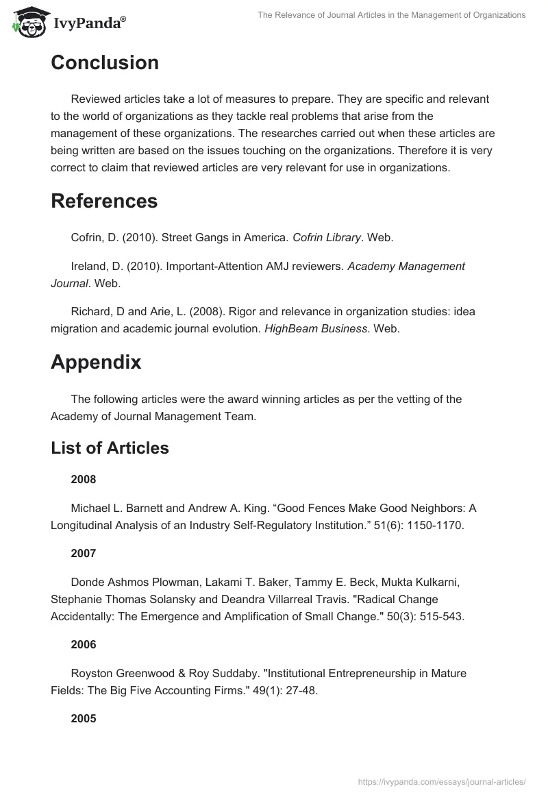 The Relevance of Journal Articles in the Management of Organizations. Page 3