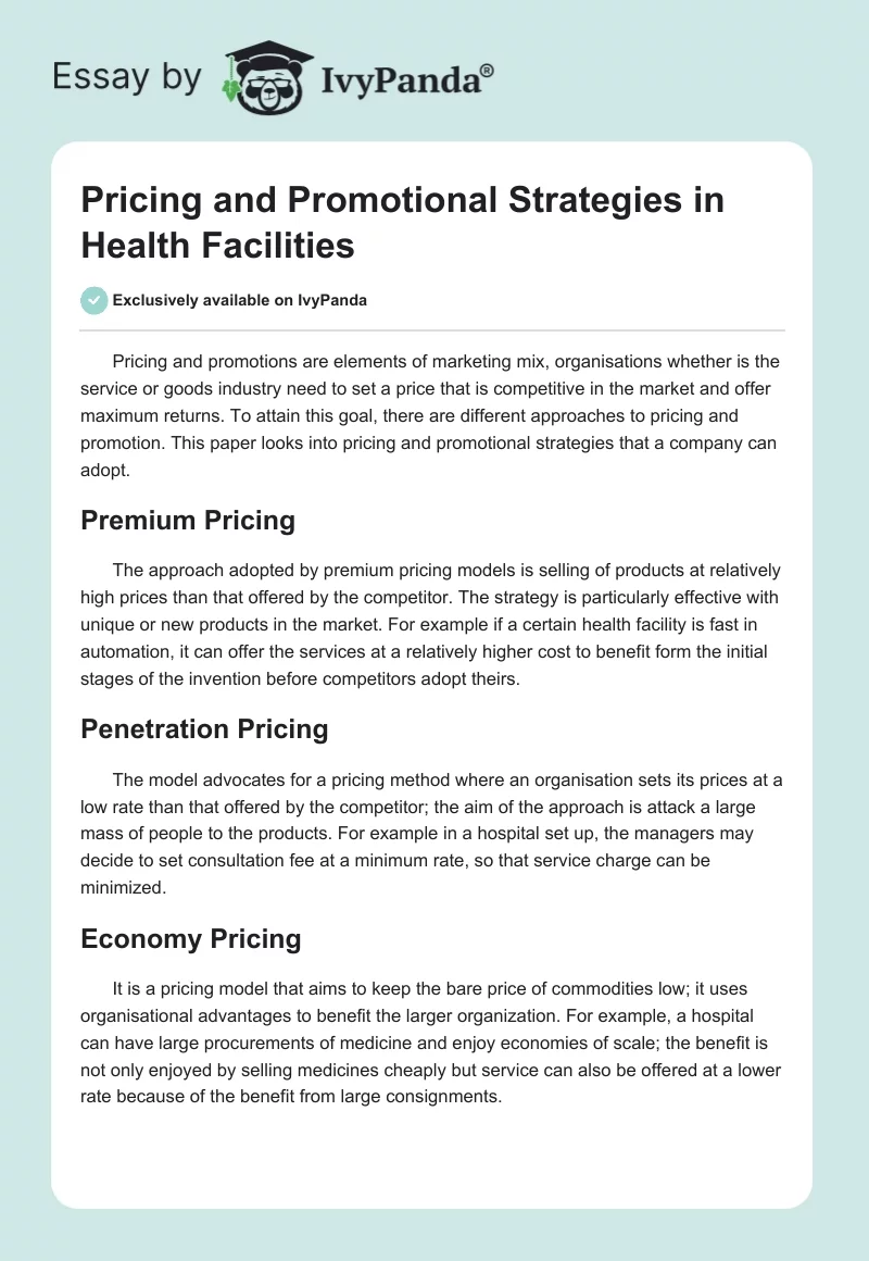 Pricing and Promotional Strategies in Health Facilities. Page 1