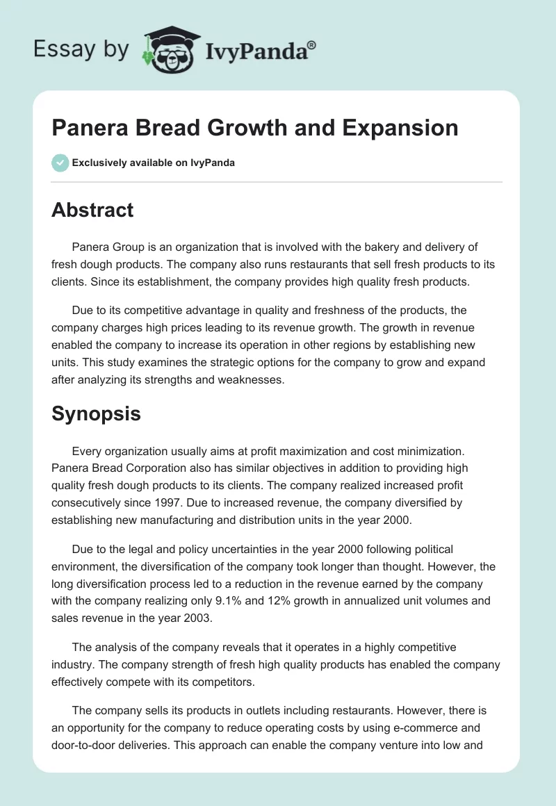 Panera Bread Growth and Expansion. Page 1