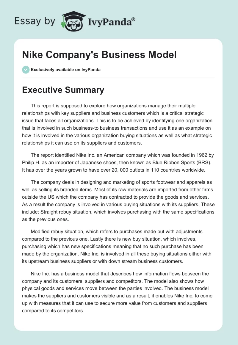 Nike Company's Business Model. Page 1