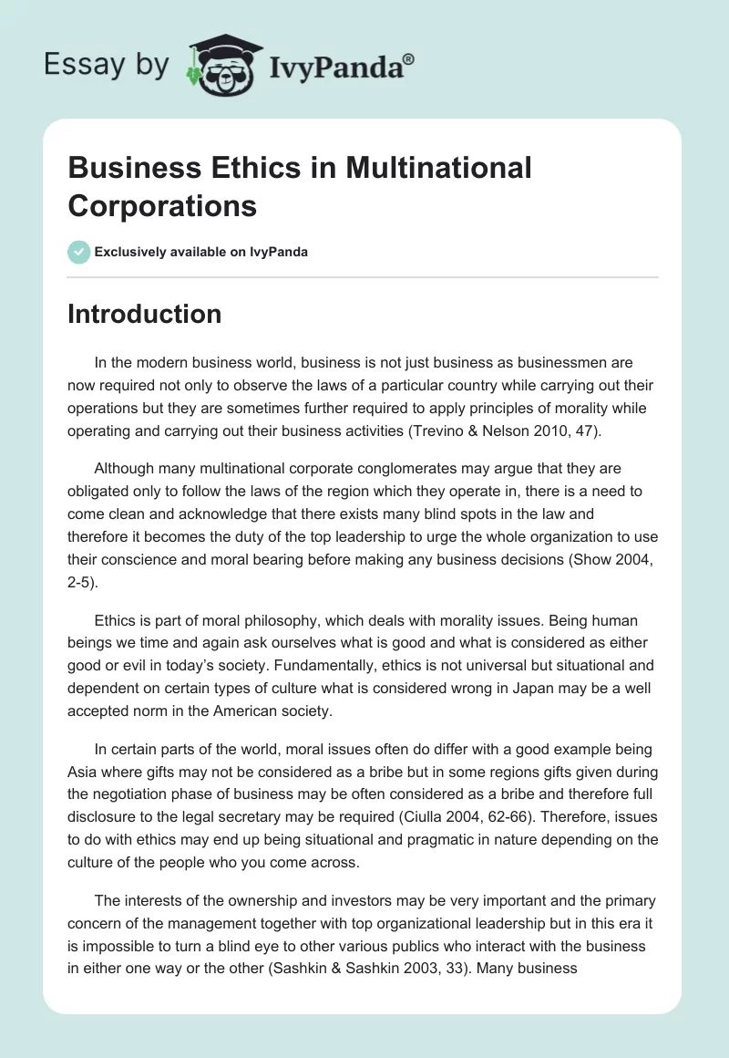 Business Ethics in Multinational Corporations. Page 1