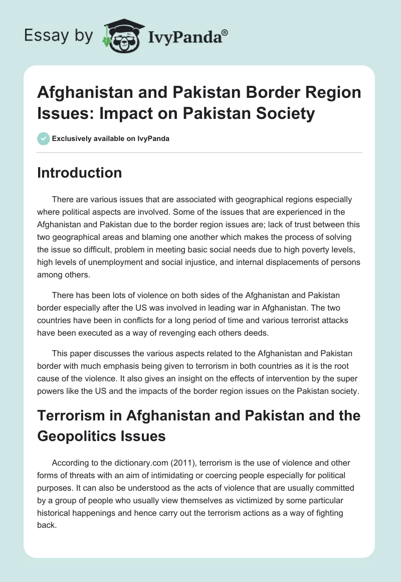 Afghanistan and Pakistan Border Region Issues: Impact on Pakistan Society. Page 1