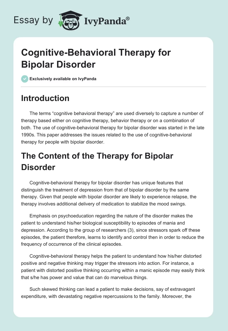 Cognitive-Behavioral Therapy for Bipolar Disorder. Page 1