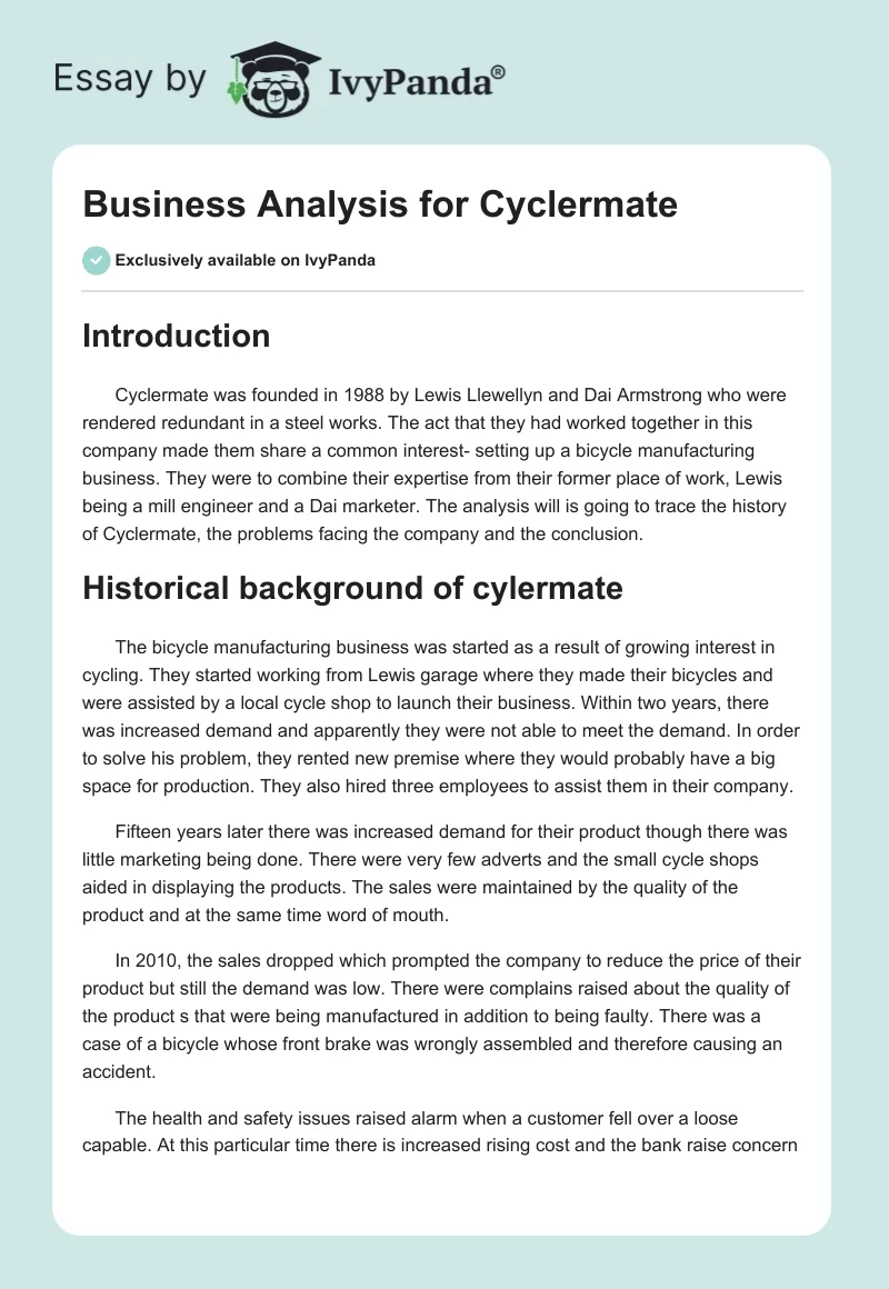 Business Analysis for Cyclermate. Page 1