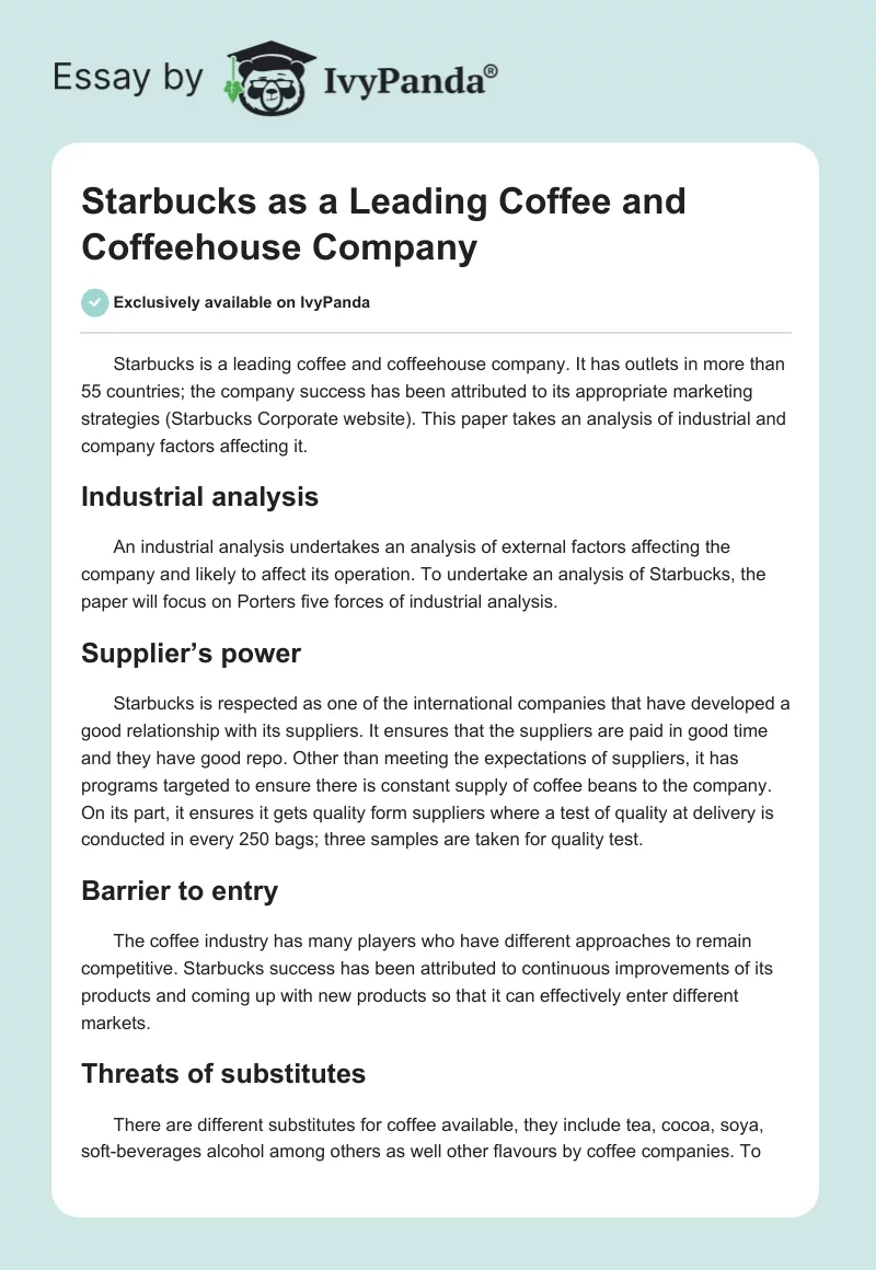 Starbucks as a Leading Coffee and Coffeehouse Company. Page 1