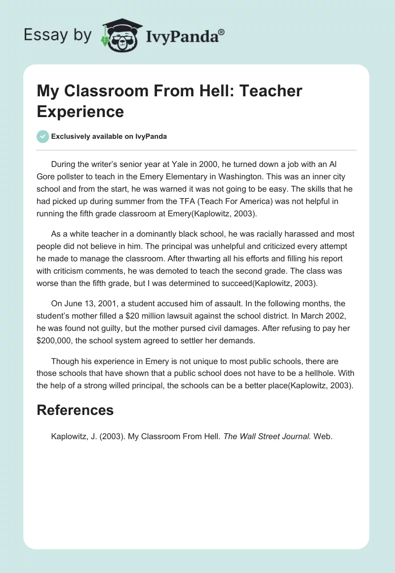 My Classroom From Hell: Teacher Experience. Page 1