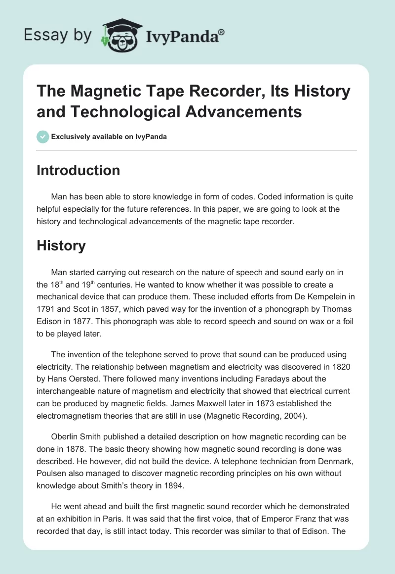 The Magnetic Tape Recorder, Its History and Technological Advancements. Page 1