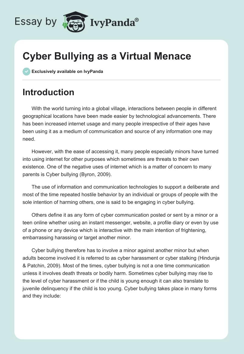 Cyber Bullying as a Virtual Menace. Page 1