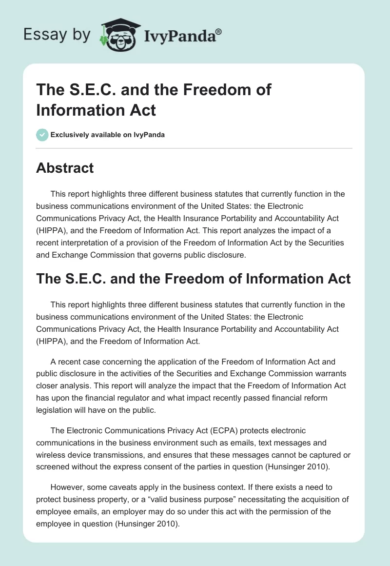 The S.E.C. and the Freedom of Information Act. Page 1