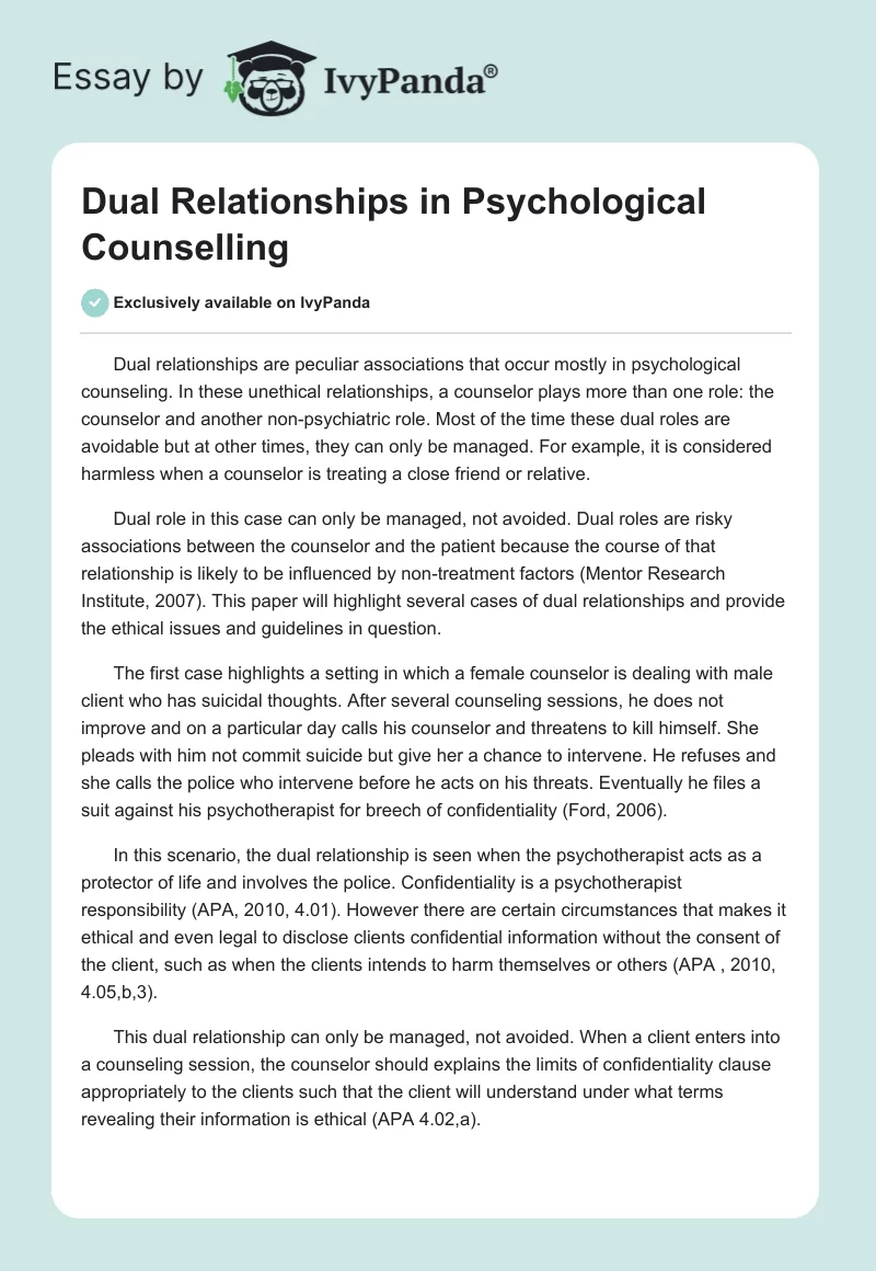 Dual Relationships in Psychological Counselling. Page 1