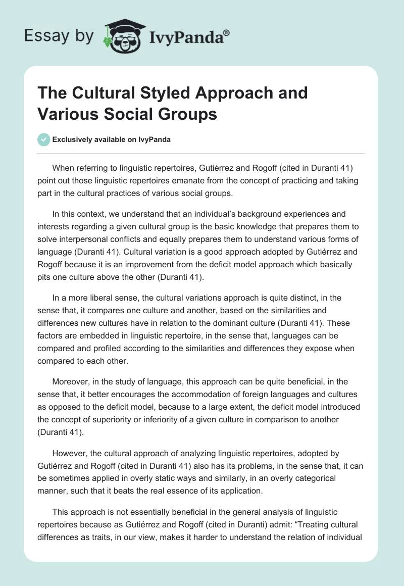 The Cultural Styled Approach and Various Social Groups. Page 1