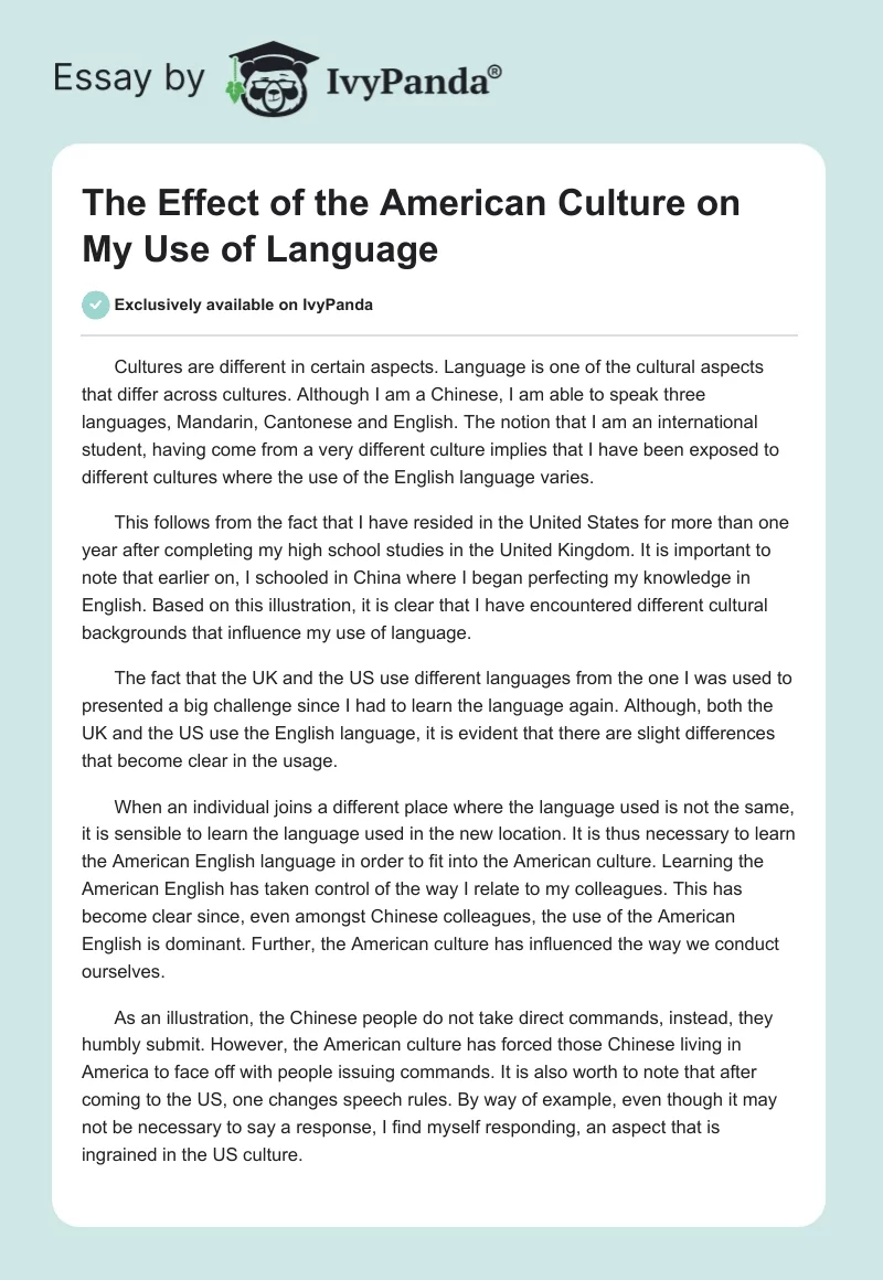 The Effect of the American Culture on My Use of Language. Page 1