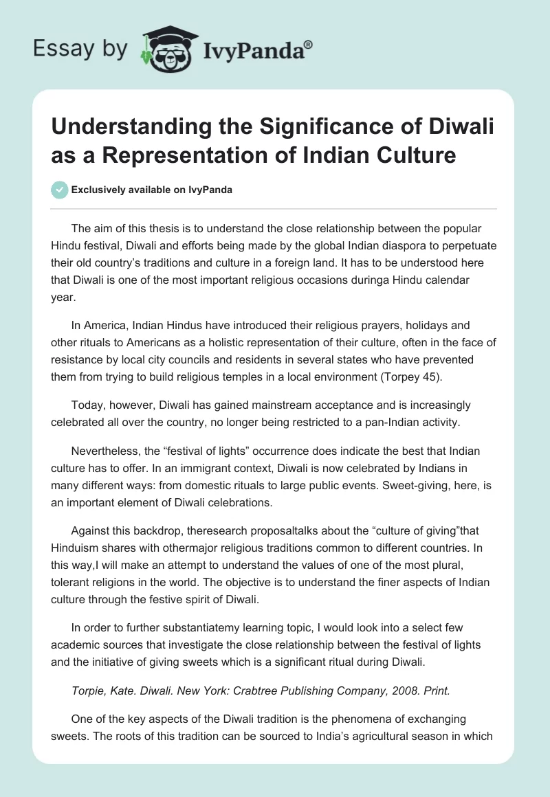 Understanding the Significance of Diwali as a Representation of Indian Culture. Page 1