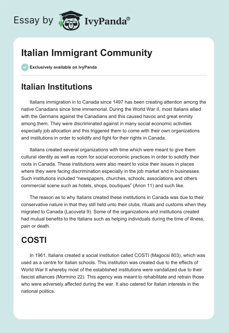 Italian Immigrant Community. Page 1
