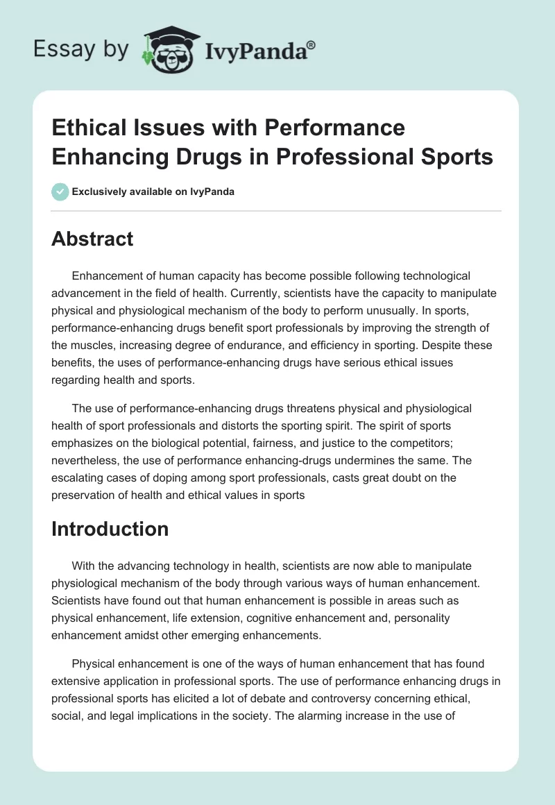 Ethical Issues With Performance Enhancing Drugs in Professional Sports. Page 1