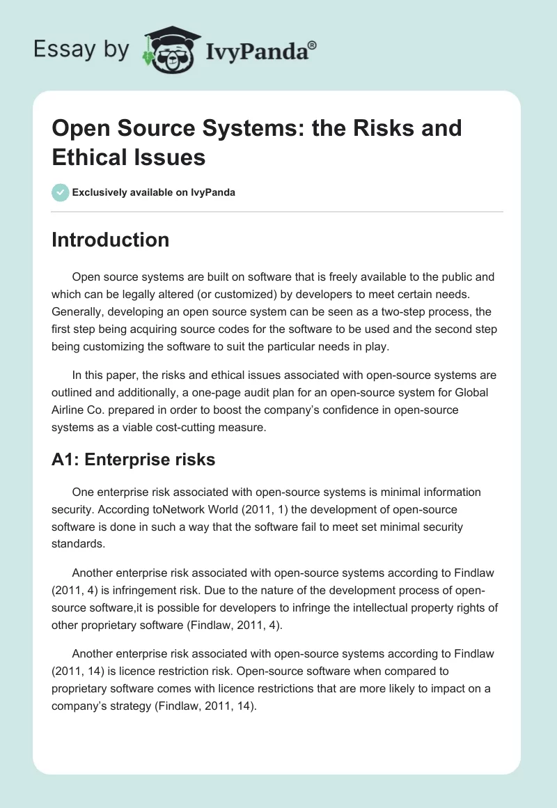 Open Source Systems: the Risks and Ethical Issues. Page 1