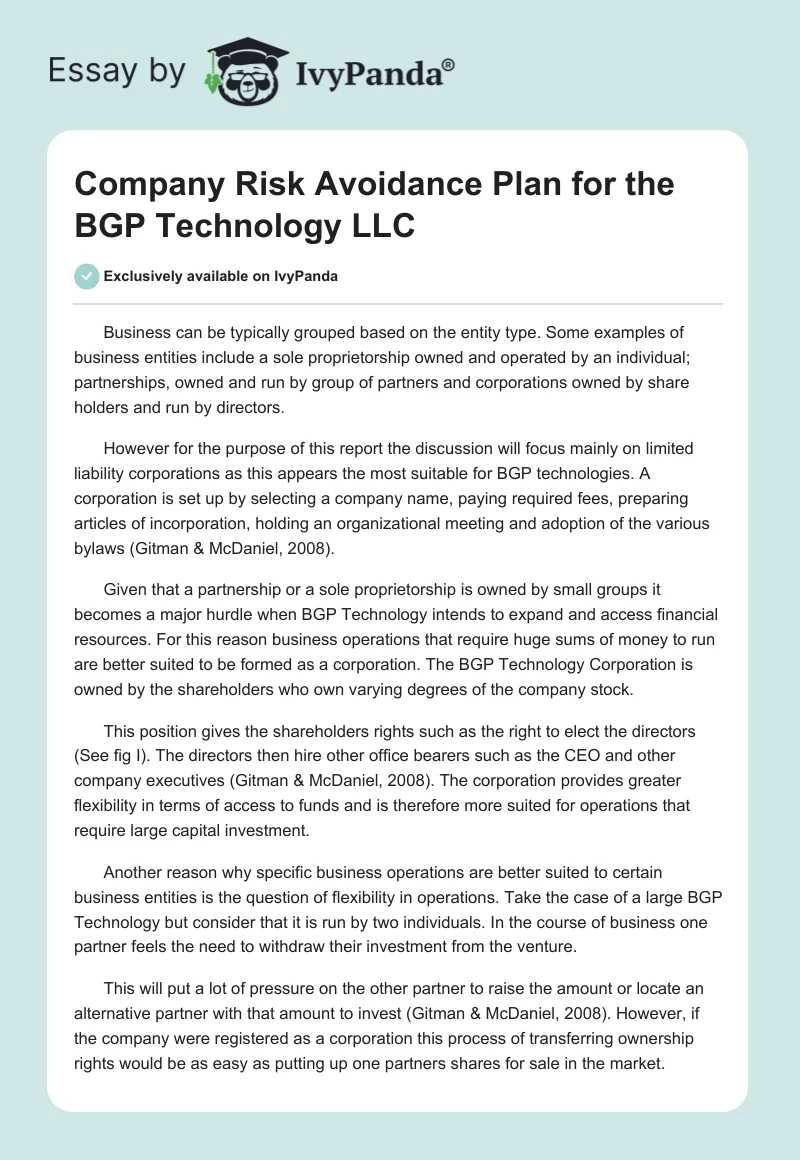 Company Risk Avoidance Plan for the BGP Technology LLC. Page 1