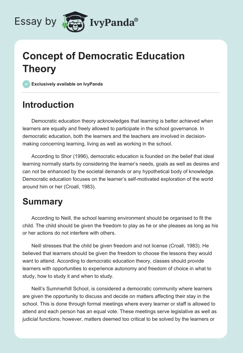Concept of Democratic Education Theory. Page 1