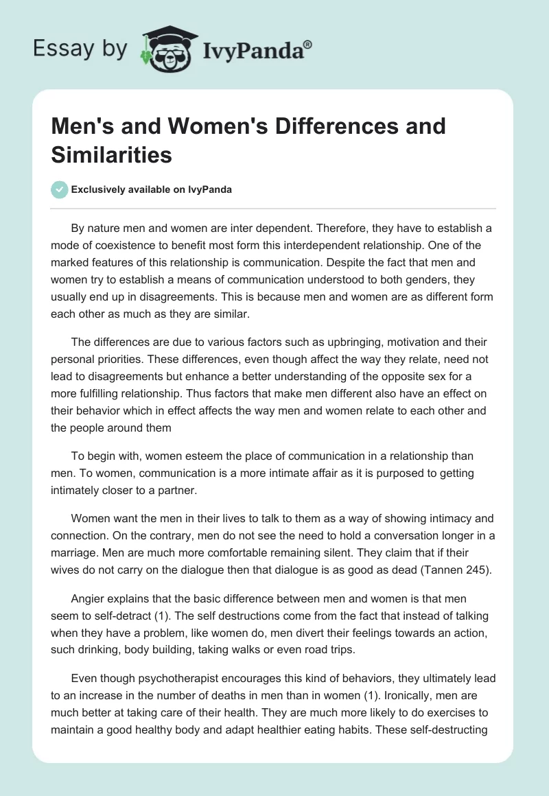 Men's and Women's Differences and Similarities. Page 1