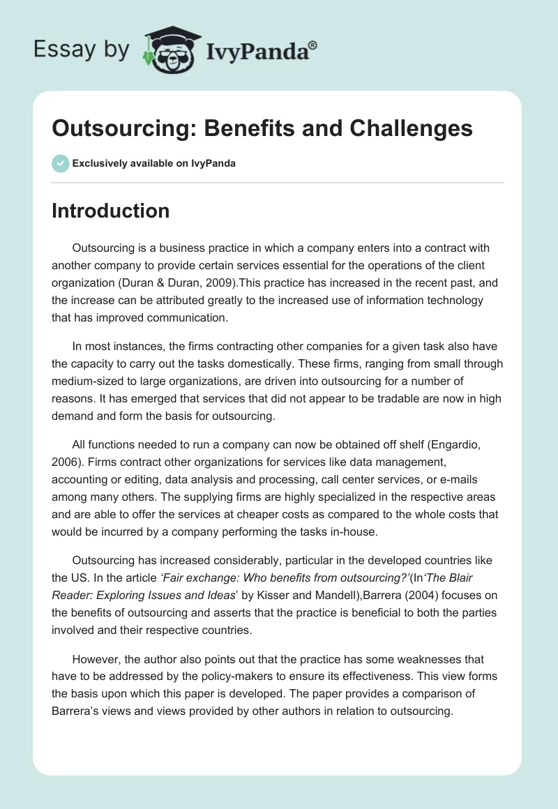 Outsourcing: Benefits and Challenges. Page 1