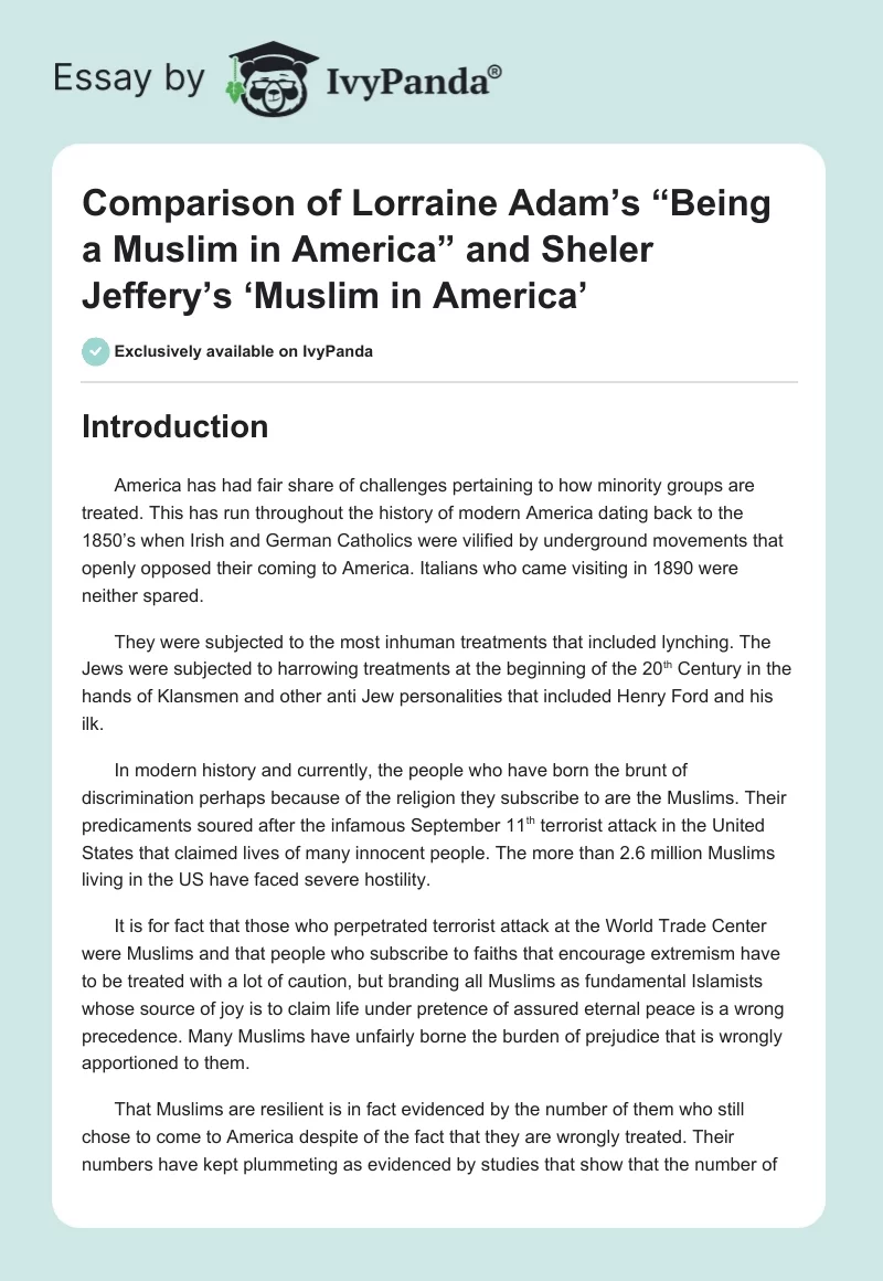 Comparison of Lorraine Adam’s “Being a Muslim in America” and Sheler Jeffery’s ‘Muslim in America’. Page 1